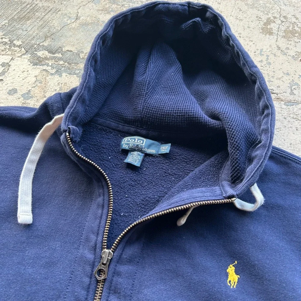 Polo Ralph Lauren Navy Blue Full Zip Hoodie Yellow Pony Mens 2XLT Sweatshirt